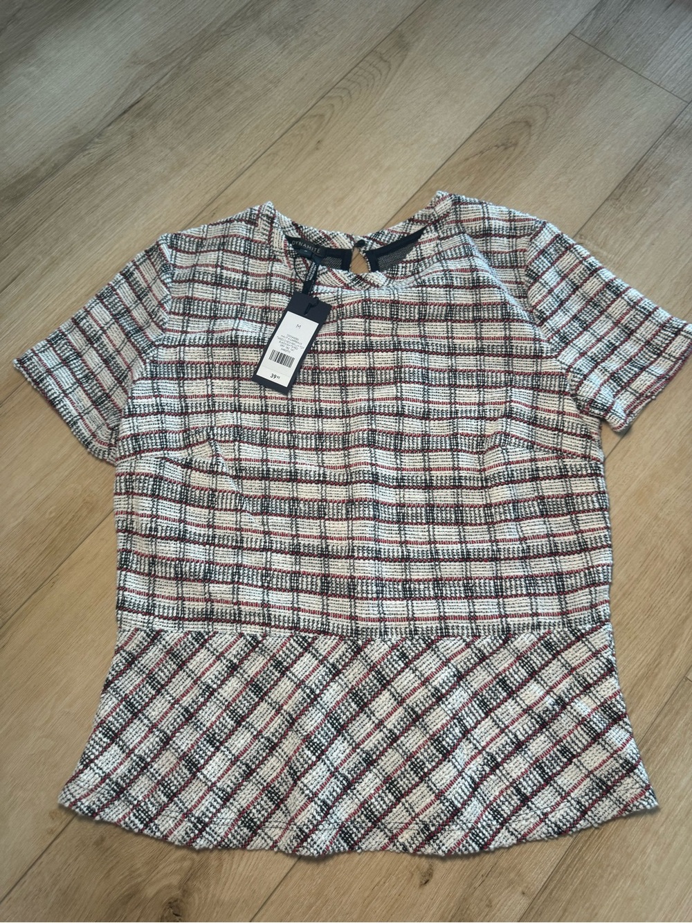Dynamite White, Black & Burgundy Plaid Tweed Short Sleeve Top